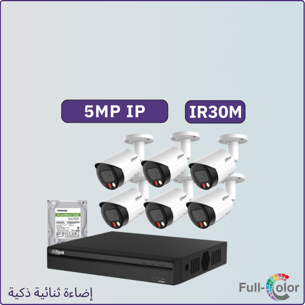 كاميرات مراقبة IP شبكية - 5 ميجابكسل إضاءة ثنائية تصوير ليلي ملون IR30متر - 6 كاميرات مراقبة داخلية أو خارجية شاملة جهاز التسجيل و الذاكرة 1 تيرابايت