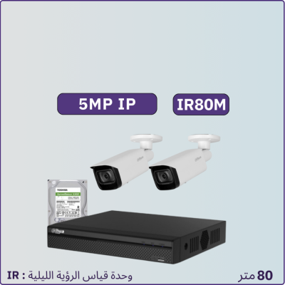كاميرات مراقبة IP شبكية - 5 ميجابكسل IR80متر - 2 كاميرات مراقبة داخلية أو خارجية شاملة جهاز التسجيل و الذاكرة 1 تيرابايت
