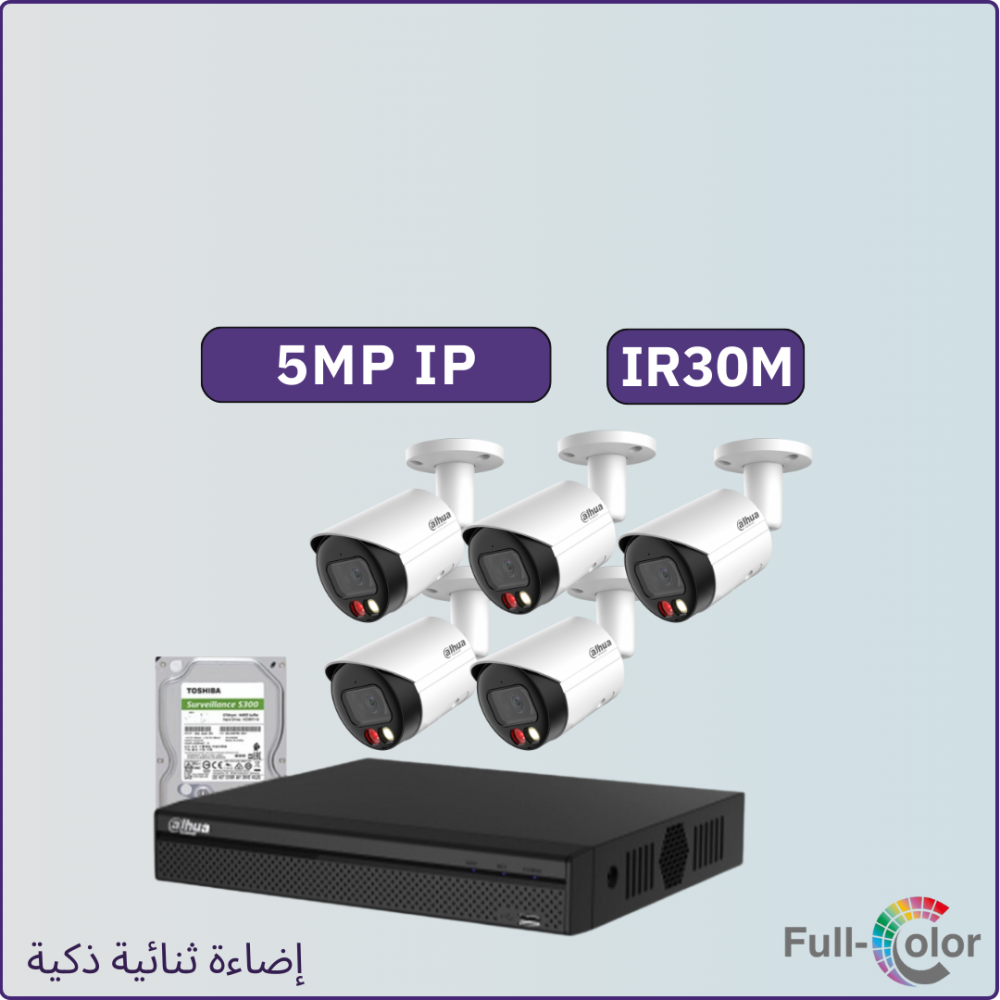 كاميرات مراقبة IP شبكية - 5 ميجابكسل إضاءة ثنائية تصوير ليلي ملون IR30متر - 5 كاميرات مراقبة داخلية أو خارجية شاملة جهاز التسجيل و الذاكرة 1 تيرابايت