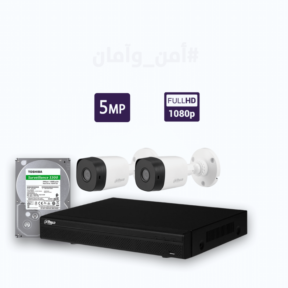 كاميرات مراقبة - 5 ميجابكسل 2 كاميرات داخلية أو خارجية شاملة جهاز التسجيل و الذاكرة 1 تيرابايت و المحولات