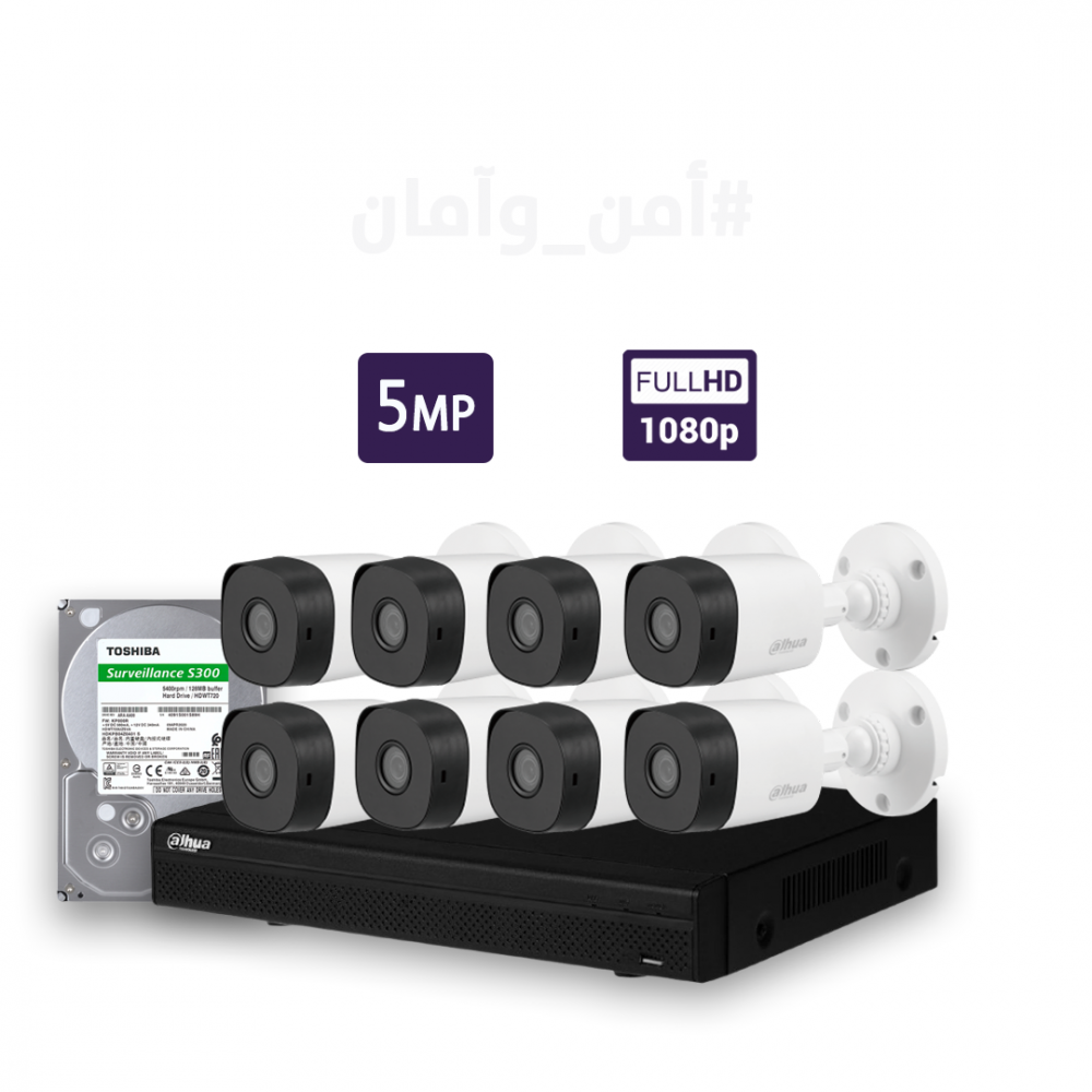 كاميرات مراقبة - 5 ميجابكسل 8 كاميرات داخلية أو خارجية شاملة جهاز التسجيل و الذاكرة 1 تيرابايت و المحولات